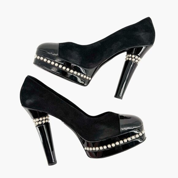 Chanel Platform Pearl Pumps EU 41 US 10-10.5 Black Suede Leather Cap Toe Heel - Picture 8 of 12